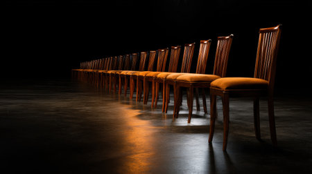 A row of wooden chairs are lined up in a dark room. The chairs are empty and appear to be waiting for someone to sit in them. The scene gives off a sense of anticipation and waitingの素材