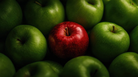 A single red apple is surrounded by many green apples. The red apple stands out as the focal point of the imageの素材