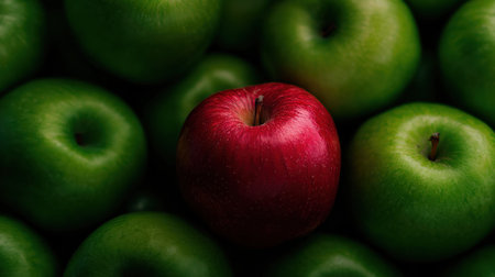 A single red apple is surrounded by many green apples. The red apple stands out as the focal point of the imageの素材