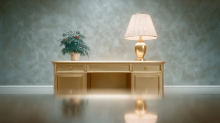 A gold desk lamp sits on a gold desk in front of a wall. The lamp is turned on, casting a warm glow on the desk. The desk itself is large and ornate, with a vase of flowers on top of itの素材