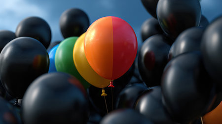 A bunch of black and orange balloons with a rainbow in the middle. The balloons are all different sizes and are scattered around the imageの素材