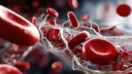 A close up of red blood cells in a vein. Concept of life and vitality, as the red blood cells are the life force of the bodyの素材