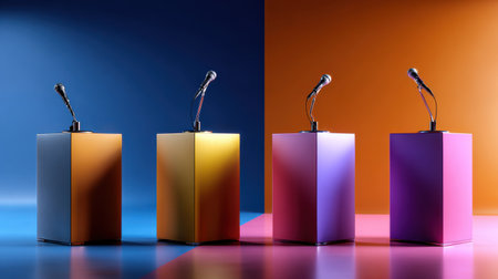 Four microphones are on top of four podiums, each with a different color. The podiums are arranged in a row, with the first one being blue and the last one being pinkの素材
