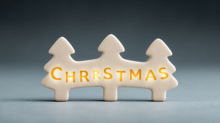 A wooden sign with three trees and the word Christmas written on it. The sign is lit up, giving it a festive and warm feelingの素材