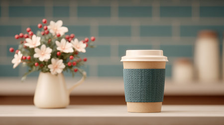 A coffee cup with a blue sleeve sits on a counter next to a vase of flowers. Concept of warmth and comfort, as the cup and flowers are both associated with relaxation and enjoymentの素材