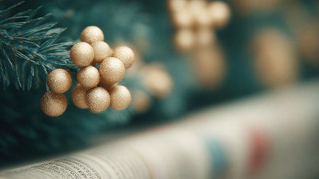 A close up of a Christmas tree with gold ornaments. The tree is surrounded by a bookの素材