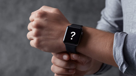 A man is wearing a watch with a question mark on it. The watch is black and the man is holding it in his hand. The watch appears to be a smartwatchの素材