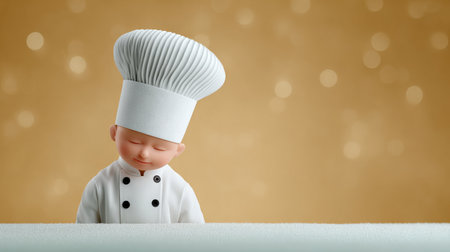 A chef is wearing a white hat and standing in front of a wall. The chef appears to be tired and is looking away from the cameraの素材