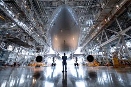 A man stands in front of a large airplane in a hangar. The hangar is filled with various airplane parts and the man is inspecting the planeの素材