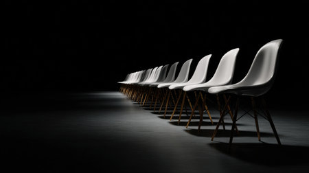 A row of white chairs are lined up in a dark room. The chairs are all facing the same direction, creating a sense of unity and order. The scene is simple and unclutteredの素材