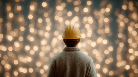 A man wearing a yellow helmet stands in front of a blurry background. The blurry background suggests that the man is in a busy or chaotic environmentの素材