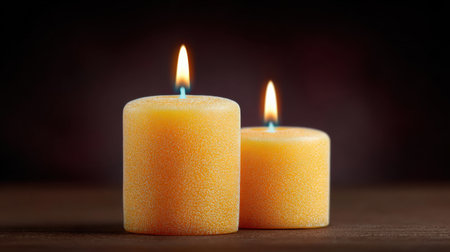 Two candles are lit and placed on a wooden table. The candles are yellow and have a glittery texture. The scene creates a warm and cozy atmosphere, perfect for relaxation or a romantic eveningの素材