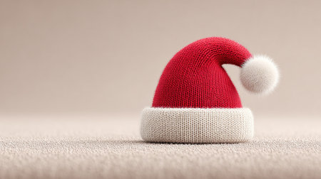 A red and white hat with a white pom pom on top. The hat is sitting on a carpetの素材