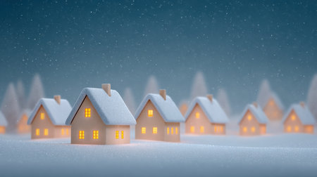 A snowy landscape with a row of small houses lit up at night. Concept of warmth and coziness, as the houses are lit up against the dark skyの素材