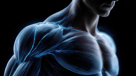 A man's body is shown in a black background with a blue glow. Concept of strength and power, as the man's muscles are highlighted in the blue light. The contrast between the dark backgroundの素材