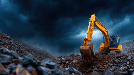 A yellow excavator is digging into a pile of rocks. The sky is dark and stormy, creating a moody atmosphereの素材