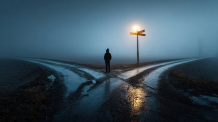 A person is standing in the middle of a road with a street sign in front of them. The road is wet and the sky is cloudy. The person appears to be lost or confusedの素材