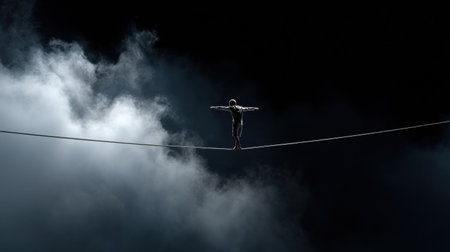 A man is walking on a tightrope in the middle of a cloudy sky. Concept of danger and excitement, as the tightrope walker must maintain balance and focus while navigating the high wireの素材