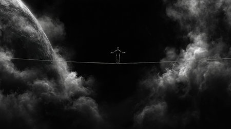 A man is walking on a tightrope in front of a large planet. The sky is cloudy and dark, creating a moody atmosphereの素材