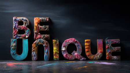 The word "be" is written in a colorful and unique way, with each letter made out of different materials. Scene is playful and creative, as the letters are not just written in a traditional wayの素材