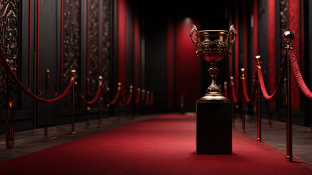 A gold cup is on a red carpet in a room with red walls. The room is decorated with red and gold accents, giving it a luxurious and elegant feelの素材