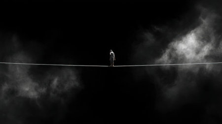 A man is walking on a tightrope. The sky is cloudy and dark. The man is alone and the image is black and whiteの素材