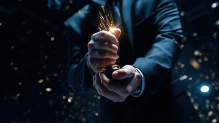 A man is holding a golden trophy in his hands. Concept of achievement and success, as the man is dressed in a suit and tie, which is typically associated with formal events and accomplishmentsの素材