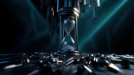 A digital image of a broken clock with a sand timer on top of it. The image has a dark and moody atmosphere, with the broken clock and the sand timer giving a sense of time passing byの素材