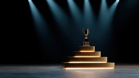 A golden trophy is on top of a stack of three pedestals. The trophy is placed on the top of the stack, and the pedestals are arranged in a pyramid shape. Concept of achievement and successの素材