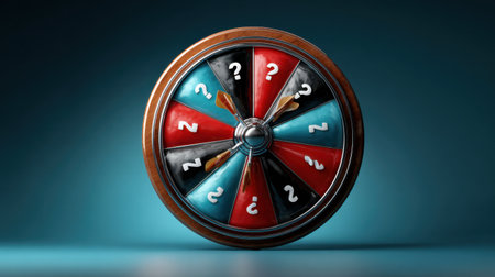 A colorful wheel with a black section in the middle and two red sections on either side. The wheel has a question mark in the middle of the black section. The wheel is placed on a blue backgroundの素材