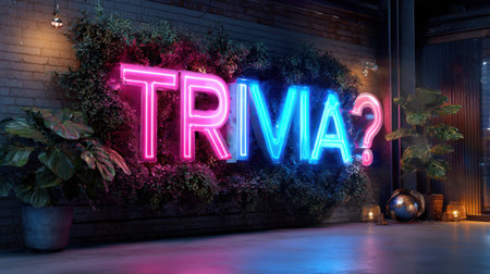 A neon sign with the word "TRIA?" in neon colors. The sign is surrounded by plants and is lit up in a dark roomの素材