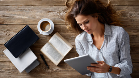 A woman is laying on a wooden table with a book and a tablet in front of her. She is reading a book and drinking coffeeの素材