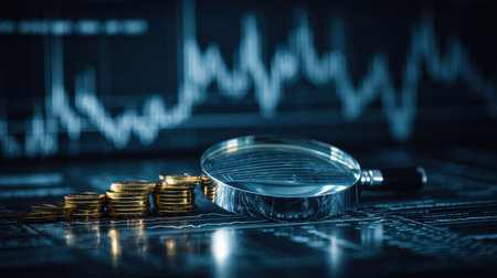 A magnifying glass is on top of a pile of gold coins. The coins are arranged in a pyramid shape, with the top coin being the largestの素材