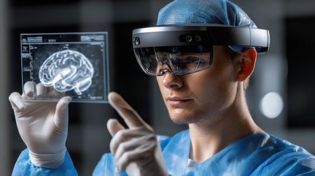 A man wearing a blue lab coat is looking at a brain scan on a screen. He is wearing a pair of goggles and he is focused on the imageの素材