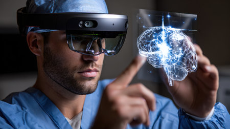 A man wearing a blue surgical mask is looking at a computer screen with a brain image. He is using a virtual reality headset to view the imageの素材