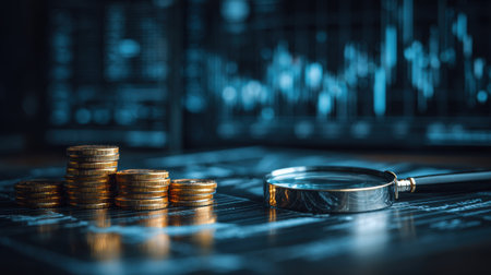 A magnifying glass is on top of a pile of gold coins. The coins are stacked on top of each other, and the magnifying glass is placed in the middle of the pile. Concept of curiosity and intrigueの素材