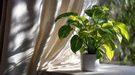 A potted plant sits on a windowsill, basking in the sunlight. The plant is green and healthy, and it seems to be thriving in its new home. The sunlight streaming in through the window adds a warmの素材