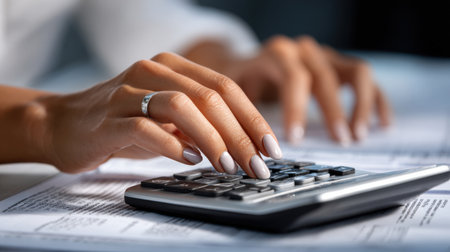 A woman is using a calculator on a piece of paper. The calculator is silver and black. The woman is wearing a ring on her fingerの素材