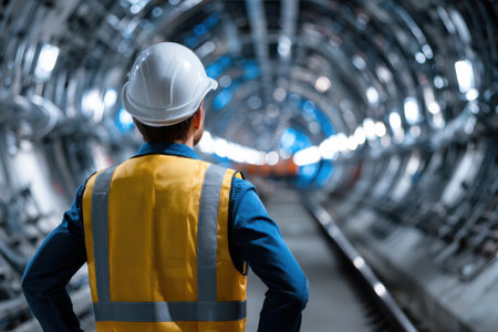 A man in a yellow vest stands in a tunnel. He is wearing a hard hat and safety vestの素材
