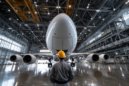 A man is standing in front of a large airplane. The airplane is in a hangar with many lights. The man is wearing a hard hatの素材