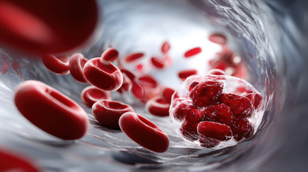 A red blob of blood is surrounded by many red blood cells. The red blob is a cancer cellの素材