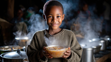 A young boy is holding a bowl of food in front of a pot of boiling soup. The scene is set in a kitchen, with several other pots and pans visible in the background. The boy appears to be smilingの素材