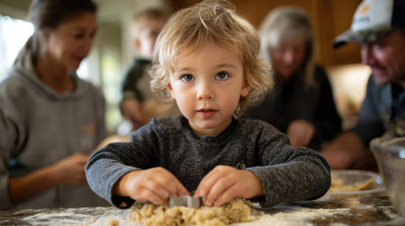 A young boy is making cookies with his family. He is wearing a gray shirt and is holding a cookie cutterの素材