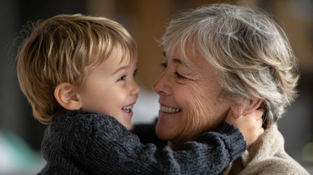 A young boy and an older woman are hugging each other. The boy is smiling and the woman is smiling back. Concept of warmth and affection between the two generationsの素材
