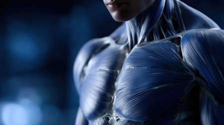 A man's body is shown in blue, with the muscles of his chest and arms visible. The image has a futuristic and robotic feel to it, with the blue colorの素材