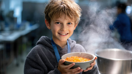 A young boy is holding a bowl of food and smiling. The scene takes place in a kitchen, with a pot of soup on the stove. The boy appears to be enjoying his meal and is happy to share it with othersの素材