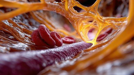 A close up of a red blood cell with a red dot on it. The blood cell is surrounded by a yellowish-orange tissueの素材