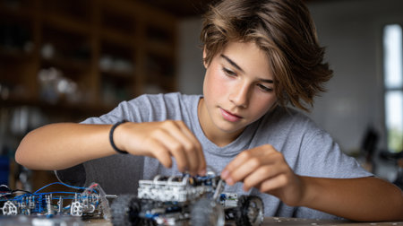 A boy is working on a robot in a room. He is focused and determined to finish the projectの素材