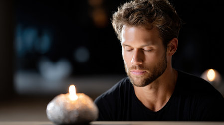 A man is sitting in front of a candle, looking at it. The candle is lit and the man is in a relaxed stateの素材
