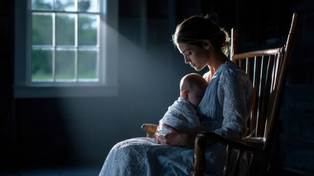 A woman is holding a baby in a rocking chair. The baby is wrapped in a blanket. The scene is peaceful and calmingの素材
